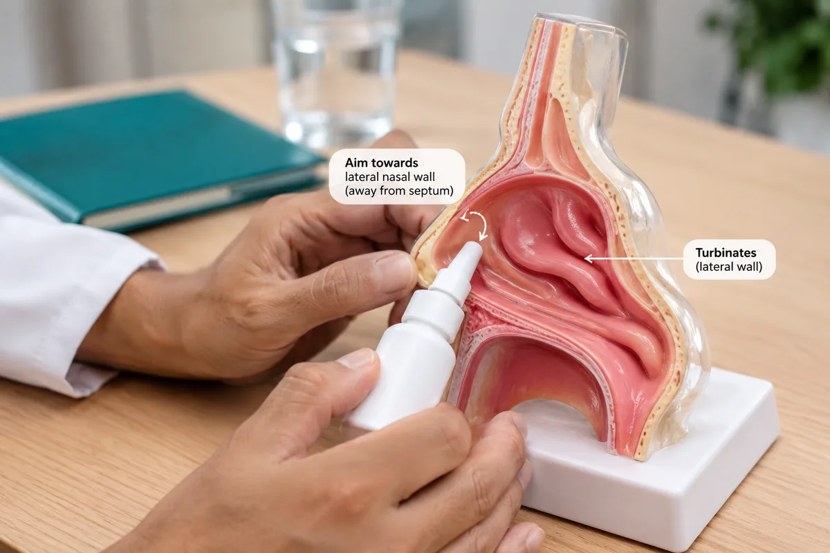 Correct nasal spray technique demonstrated on an anatomical nose model for allergy treatment in Gurgaon