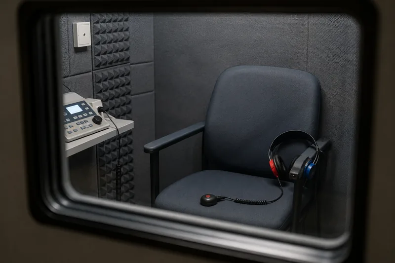 Sound-treated audiometry booth used for pure tone hearing tests at Vista ENT Clinic, Gurgaon