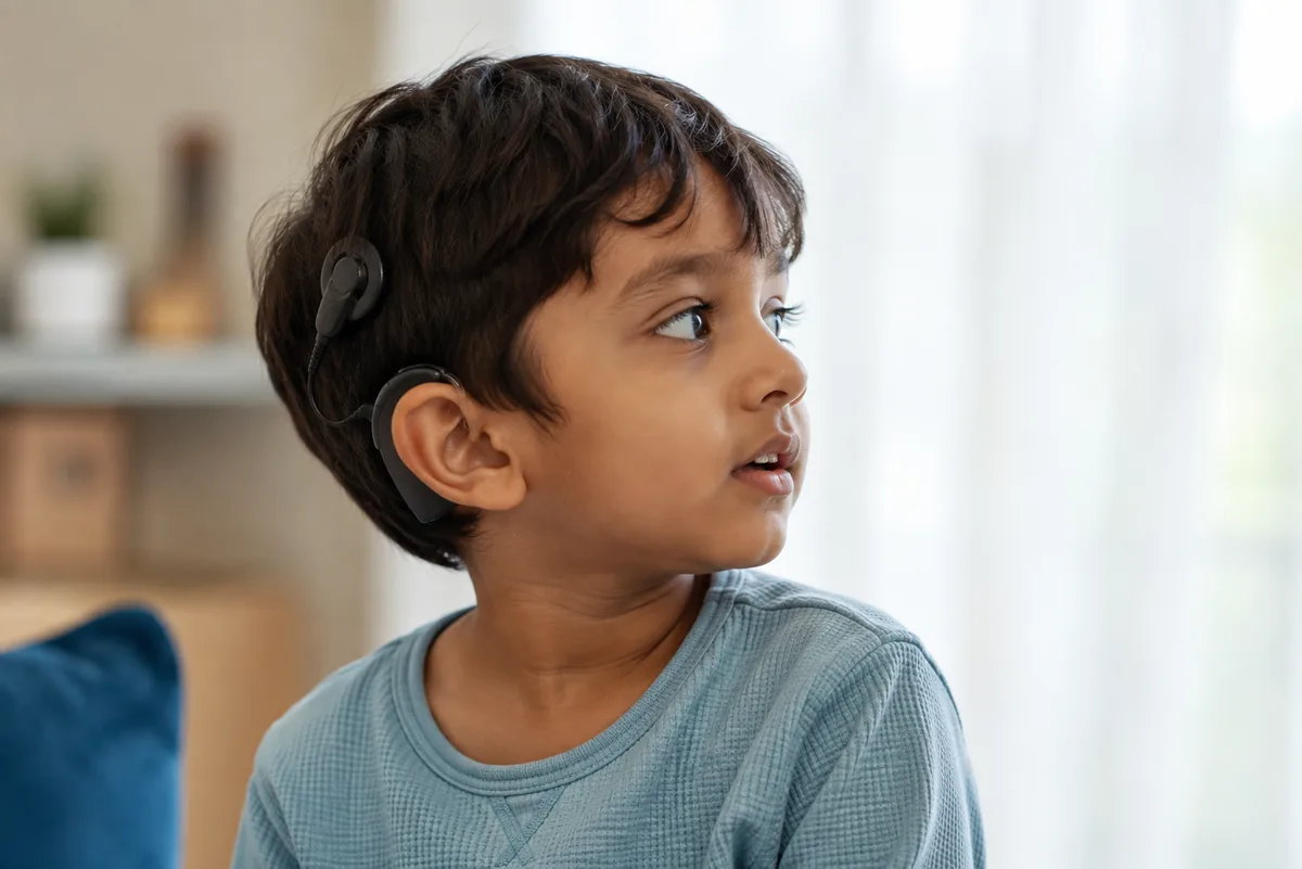 Child wearing a cochlear implant sound processor after implant surgery and rehabilitation in Gurgaon