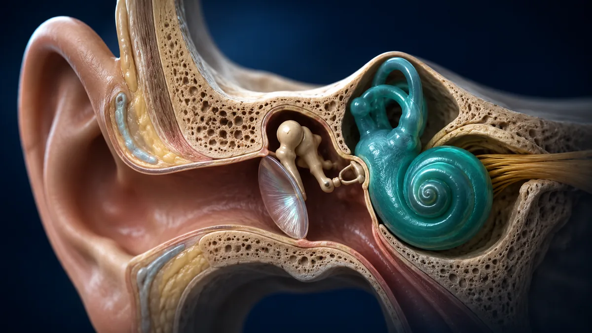 3D cross-section of the human ear showing the eardrum, ossicles and cochlea