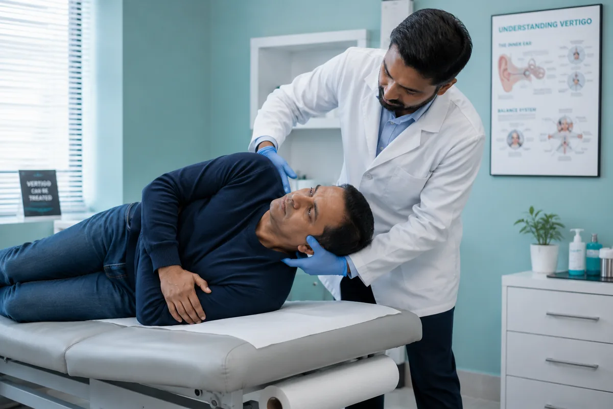 Epley repositioning manoeuvre being performed to treat BPPV vertigo at Vista ENT Clinic, Gurgaon