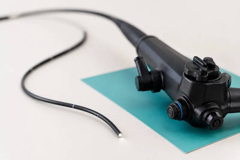 Flexible fibre-optic nasopharyngolaryngoscope used for nose, throat and airway assessment