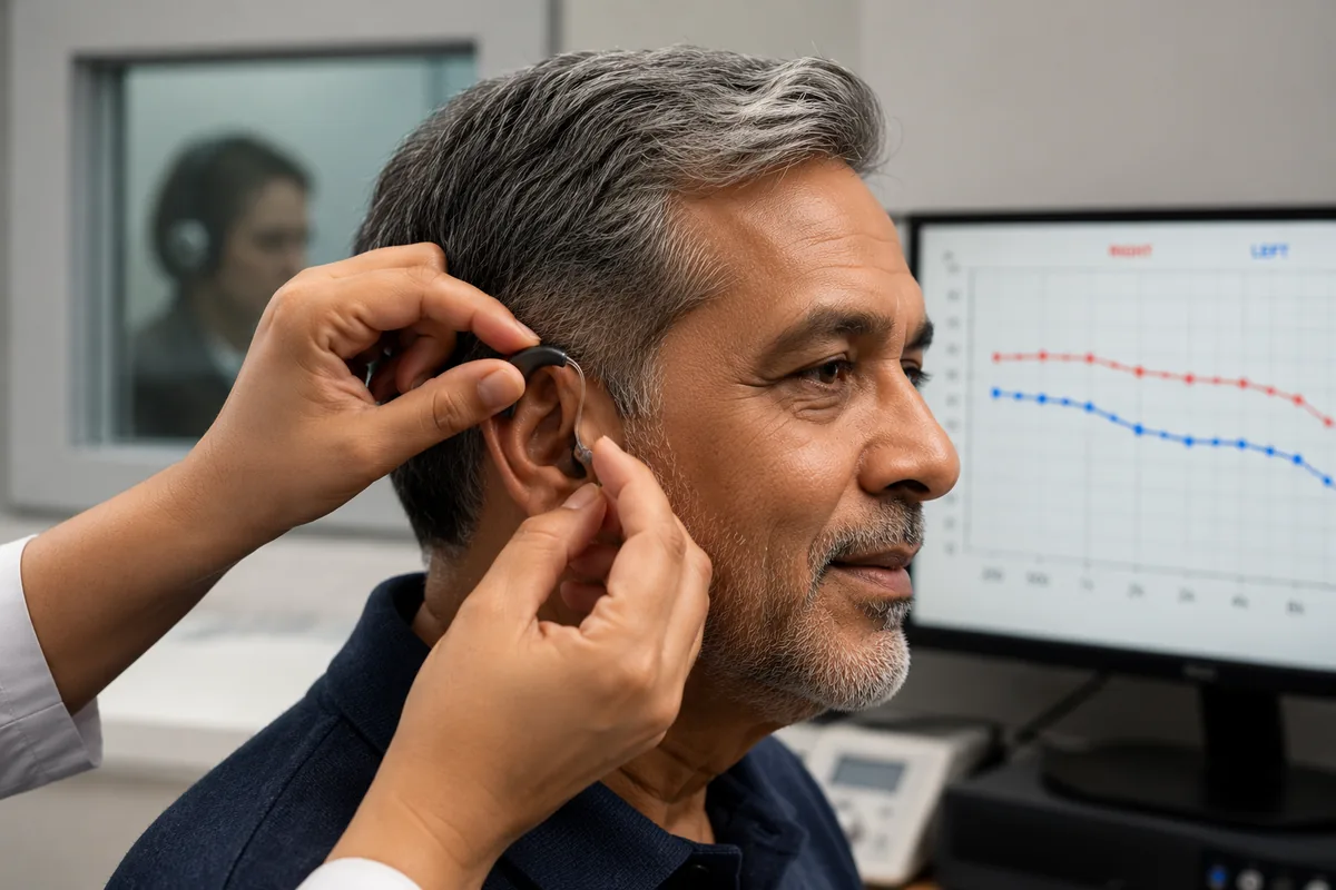 Hearing aid being fitted and programmed at the audiology service of Vista ENT Clinic, Gurgaon