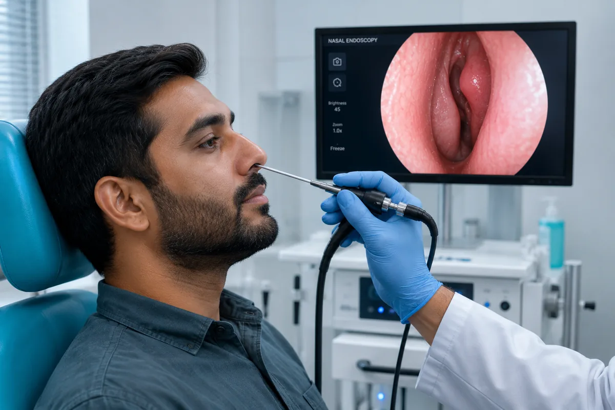 Nasal endoscopy being performed to diagnose chronic sinusitis at Vista ENT Clinic, Sector 82A, Gurgaon