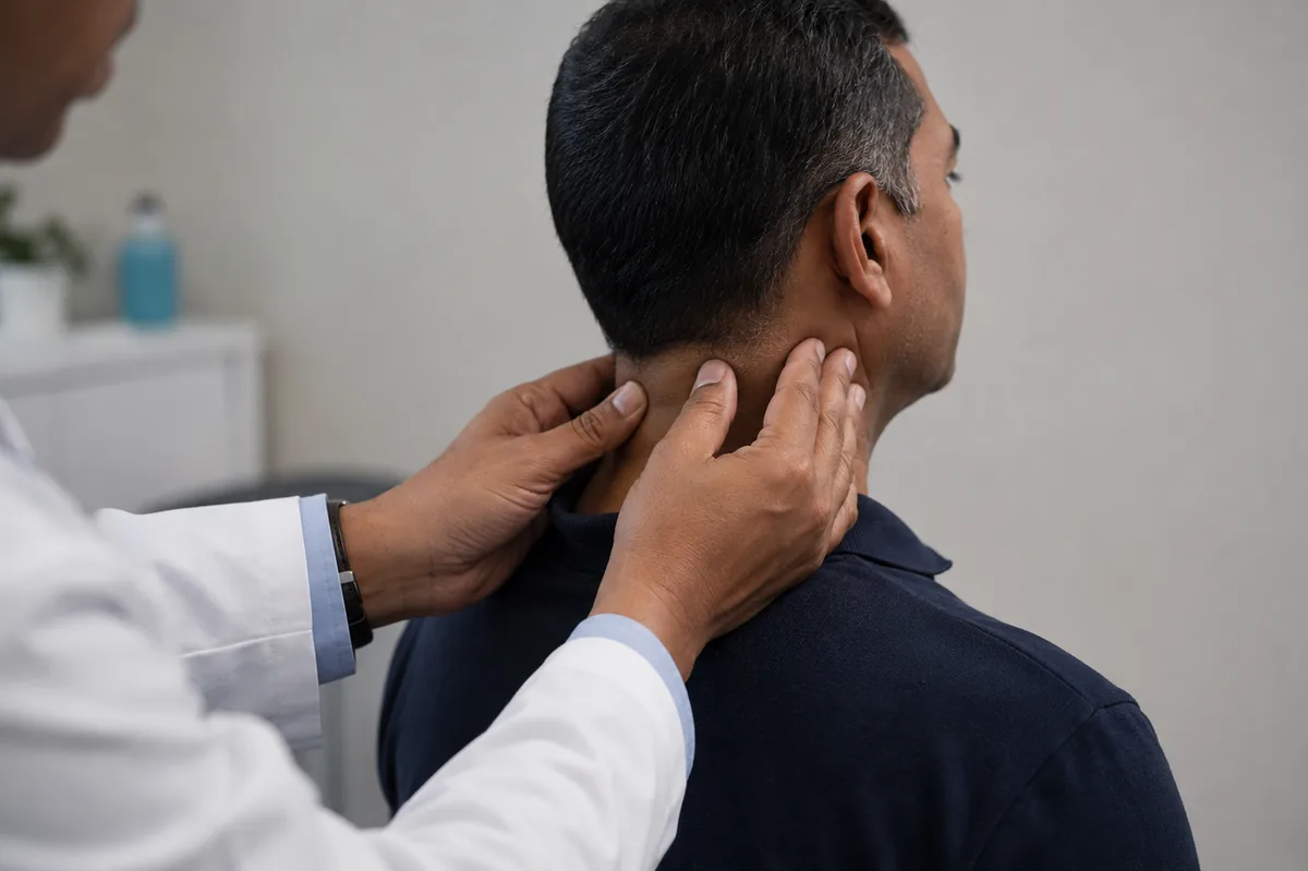Clinical neck examination for a persistent neck lump by a head and neck surgeon in Gurgaon