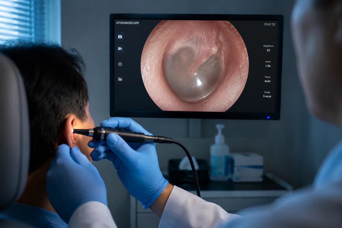 Otoendoscopy examination showing a magnified eardrum on screen at Vista ENT Clinic, Gurgaon
