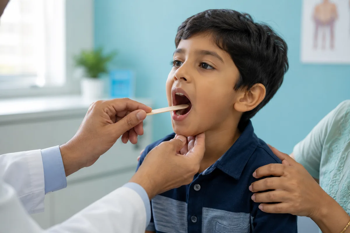 Gentle paediatric throat examination for enlarged tonsils and adenoids at Vista ENT Clinic, Gurgaon