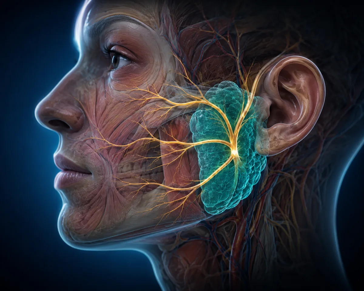 3D illustration of the parotid gland and facial nerve branches, showing why parotidectomy requires nerve preservation
