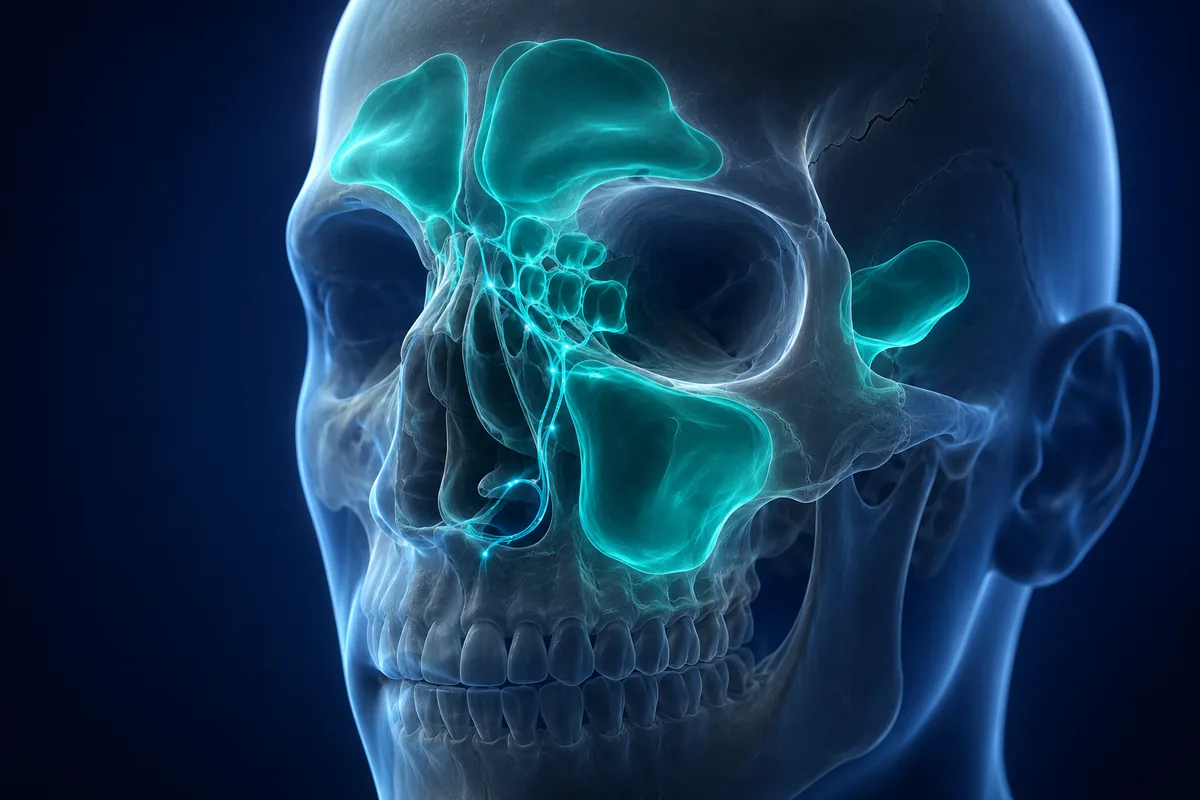 3D illustration of the paranasal sinuses and their natural drainage pathways into the nose