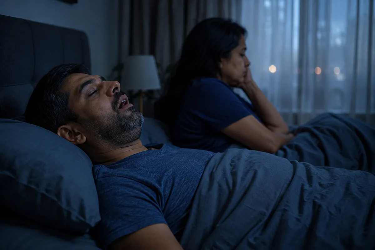 Man sleeping with obstructed breathing, illustrating obstructive sleep apnea assessed at Vista ENT Clinic, Gurgaon
