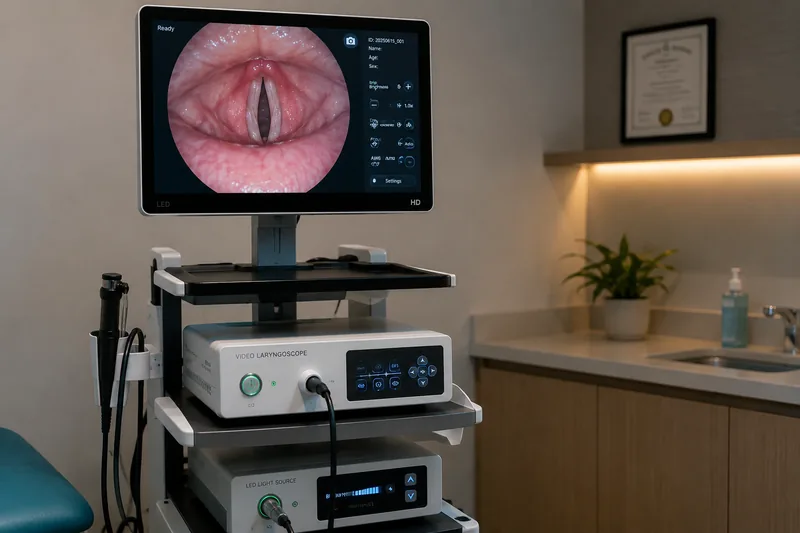 Video laryngoscopy tower and monitor used to assess vocal cords at Vista ENT Clinic, Gurgaon