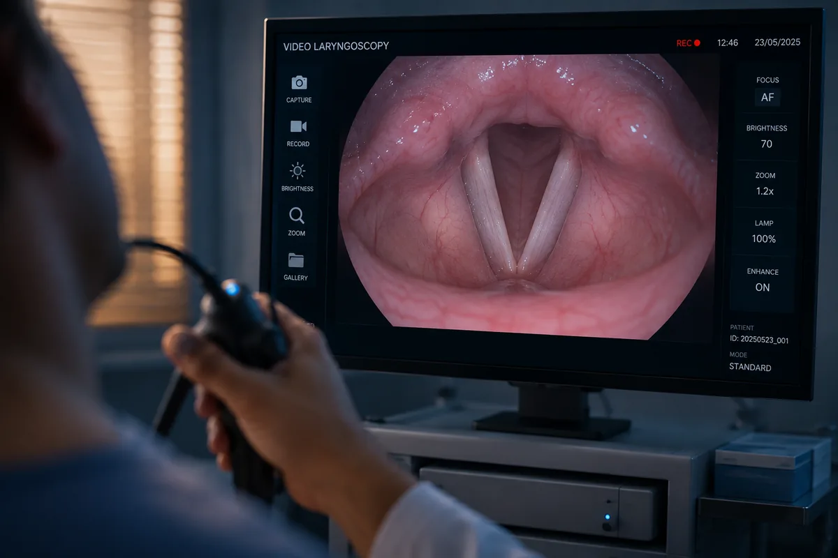 Video laryngoscopy showing vocal cords during assessment of persistent hoarseness in Gurgaon
